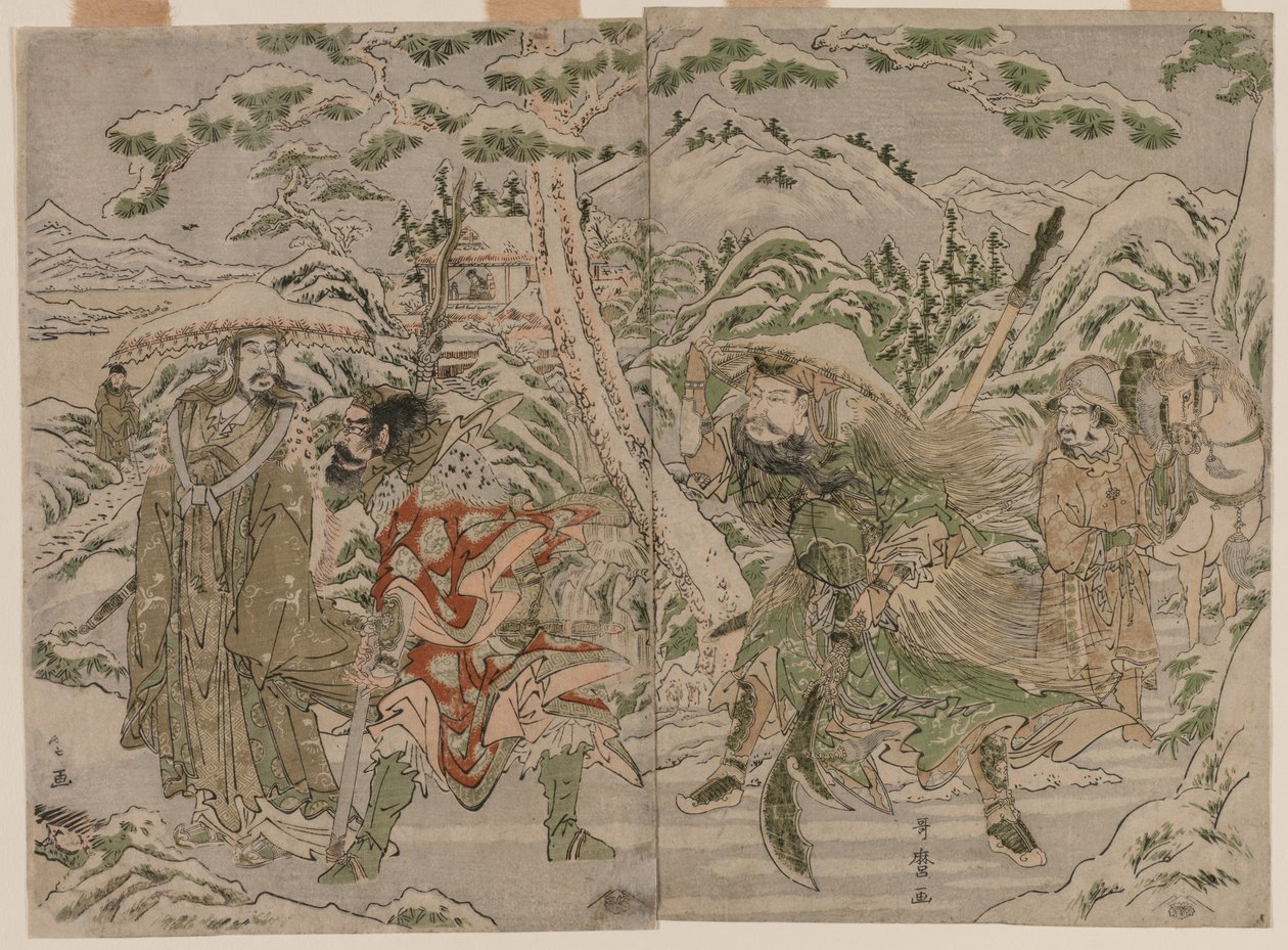 Vinterscen från romantiken om de tre kungadömena, ca. 1790. av Kitagawa Utamaro