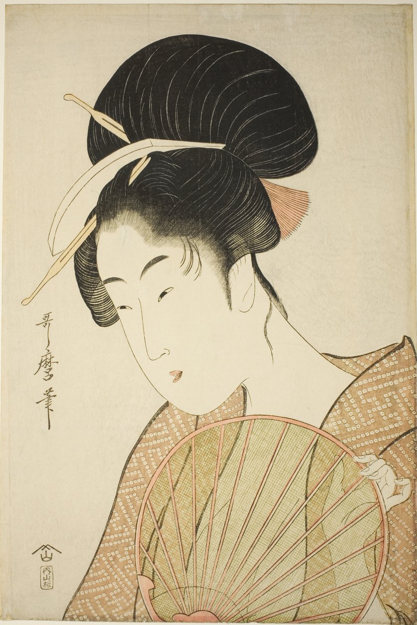 Kvinna som håller en rund fläkt av Kitagawa Utamaro