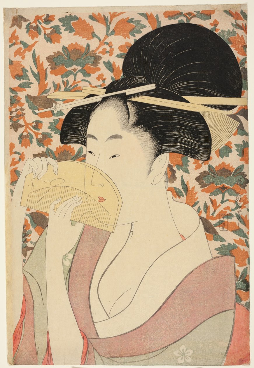 Kvinna som håller ett sköldpadda-skal hår-kam av Kitagawa Utamaro
