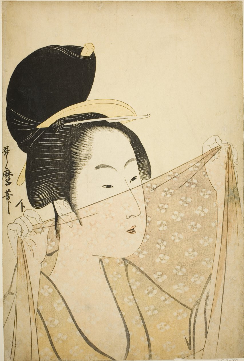 Kvinna som håller upp ett tygstycke (Nuno o kazasu onna) av Kitagawa Utamaro