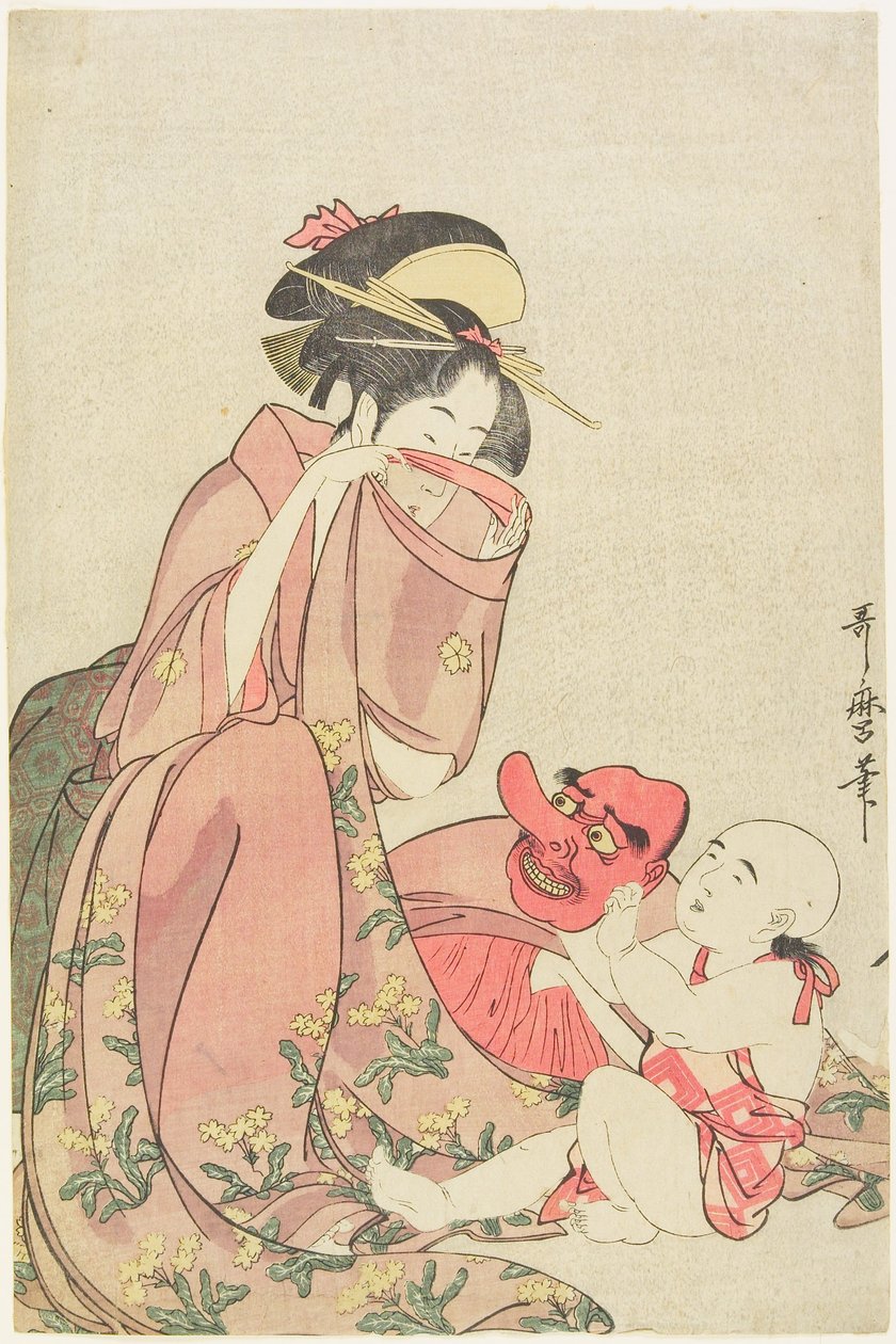 Kvinna som leker med ett barn som bär en tengu-mask av Kitagawa Utamaro