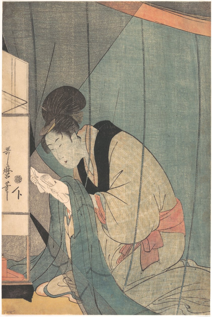Kvinna som läser ett brev under ett myggnät av Kitagawa Utamaro
