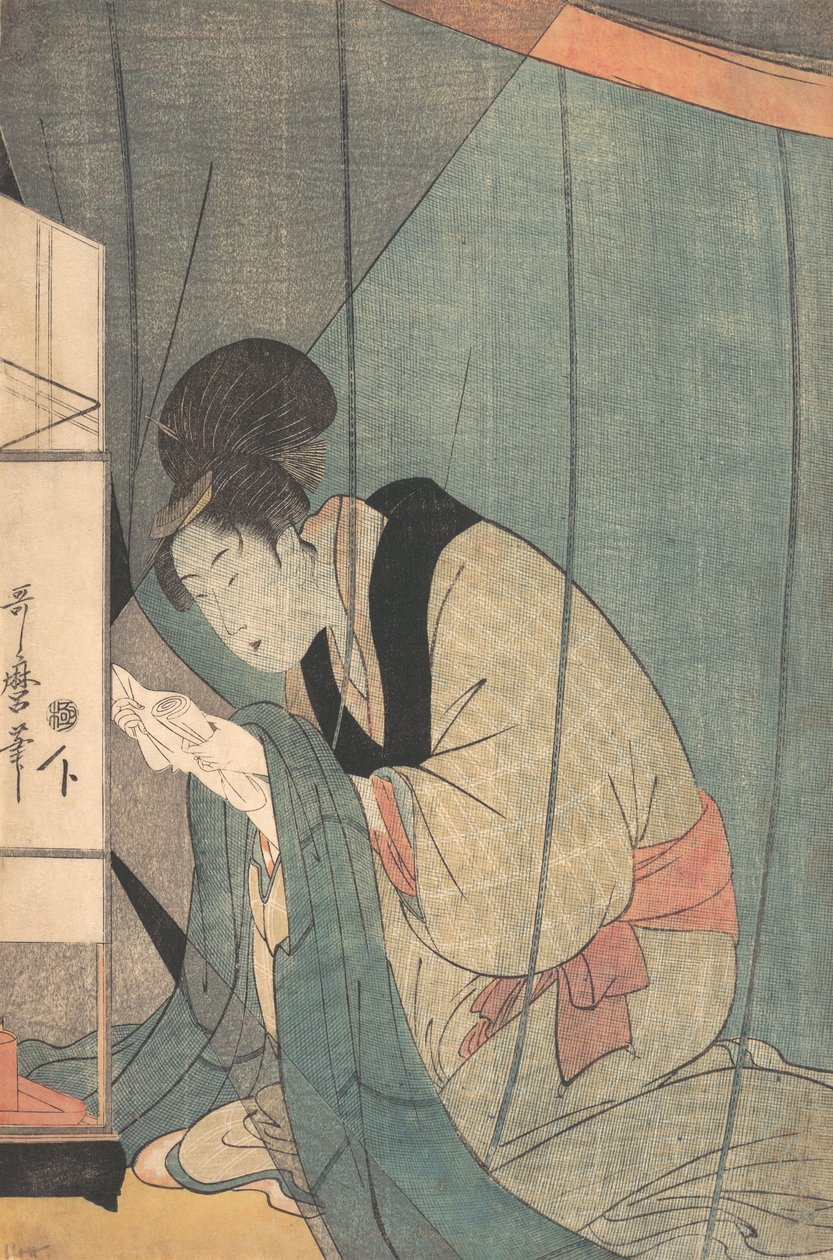 Kvinna som läser ett brev under ett myggnät, ca. 1798. av Kitagawa Utamaro