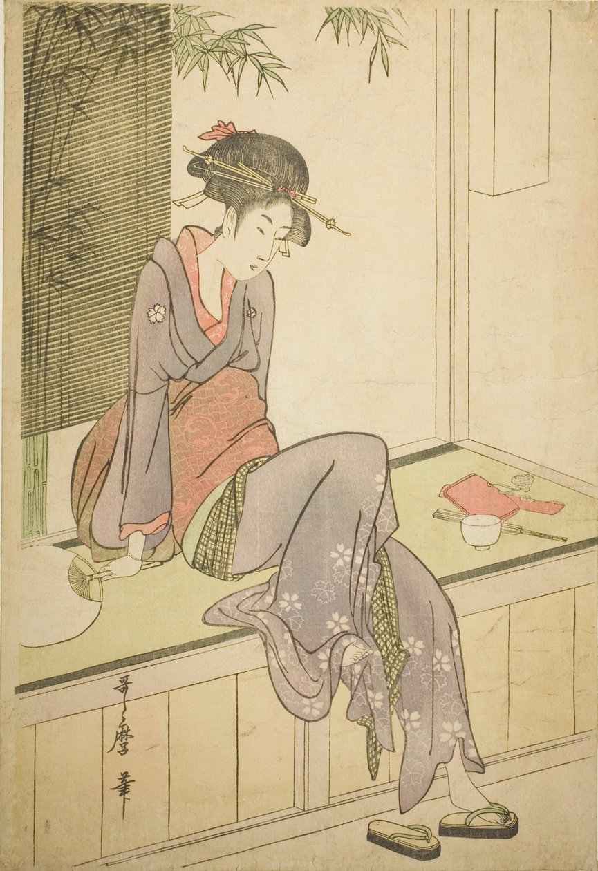 Kvinna som sitter på verandan av Kitagawa Utamaro