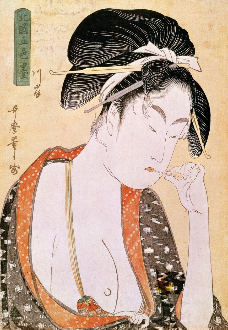 Kvinna längtar efter läpparna Japanskt tryck av Utamaro Kitagawa (1753-1806). 1700-talet. Paris, Guimet Museum, Asian Arts Museum av Kitagawa Utamaro