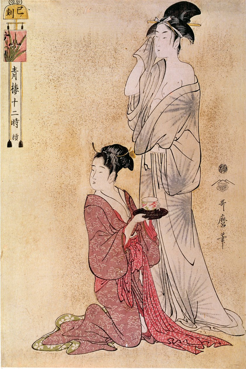 Kvinnan får sin toalett hjälpt av sin tjänarinna japanska tryck av Utamaro Kitagawa (1753-1806). 1700-talet. Paris, Guimet Museum, Asian Arts Museum av Kitagawa Utamaro