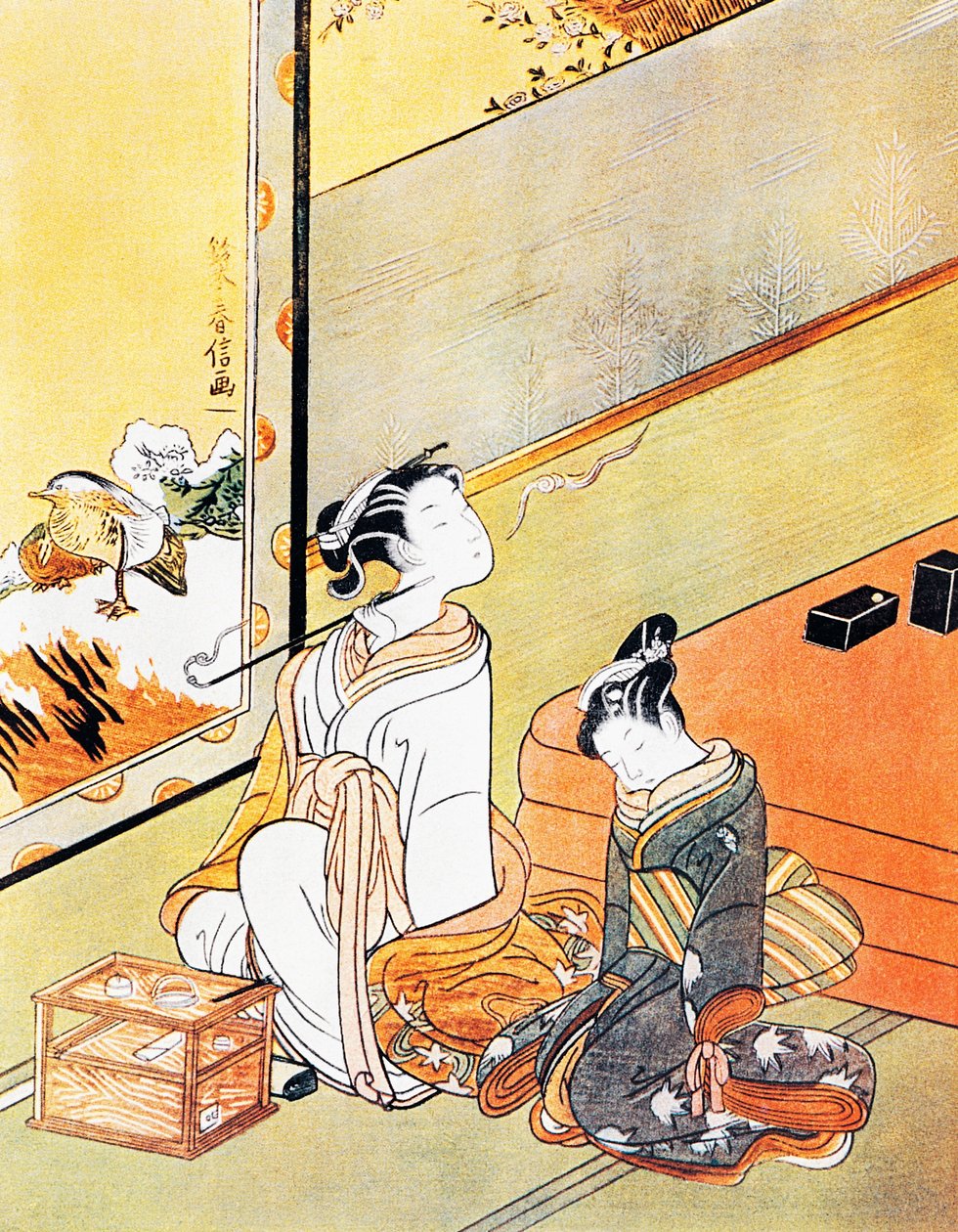 Kvinna som röker pipa, ukiyo-e konsttryck, Tosa-skola, träsnitt, japansk civilisation, Edo-period av Kitagawa Utamaro