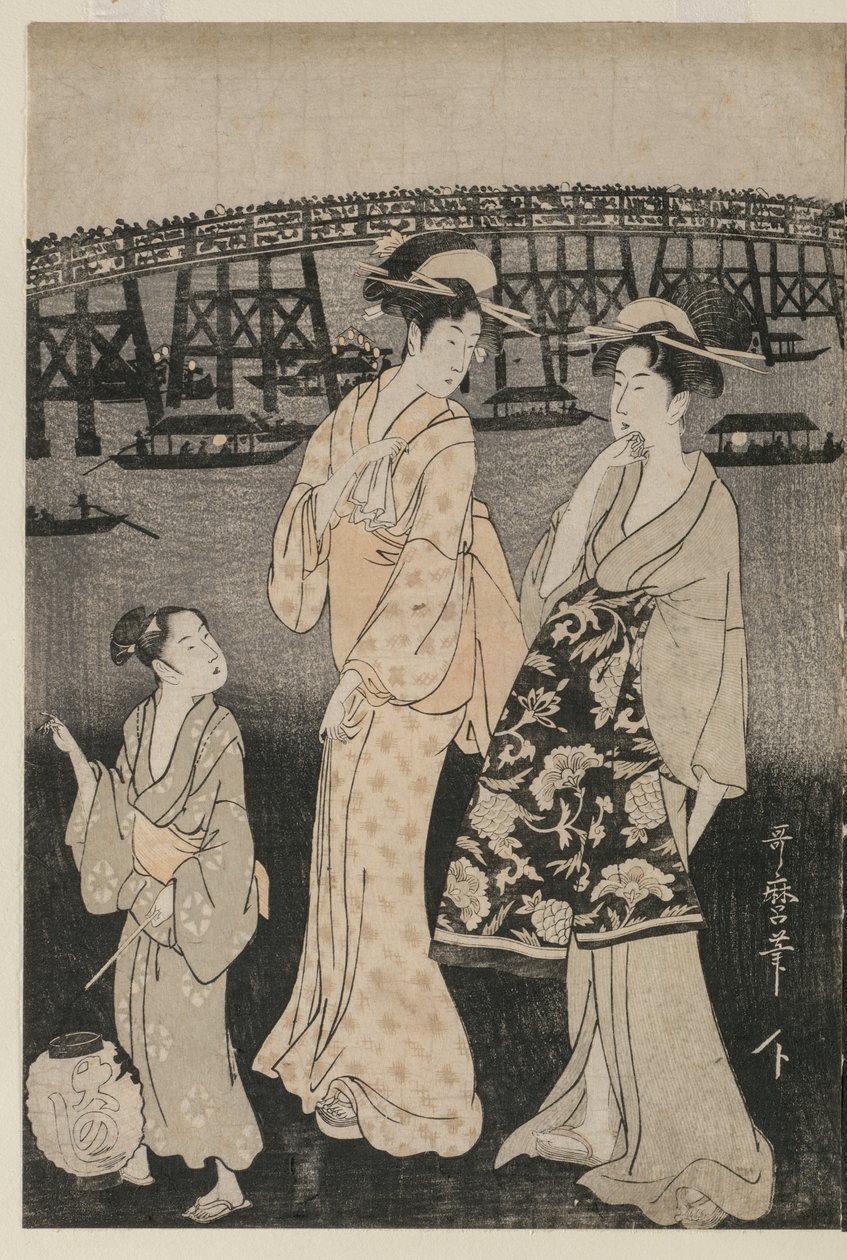 Kvinnor som njuter av den svala kvällen nära Ryogoku-bron av Kitagawa Utamaro