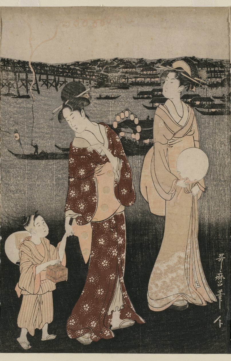 Kvinnor som njuter av den svala kvällen nära Ryogoku-bron av Kitagawa Utamaro