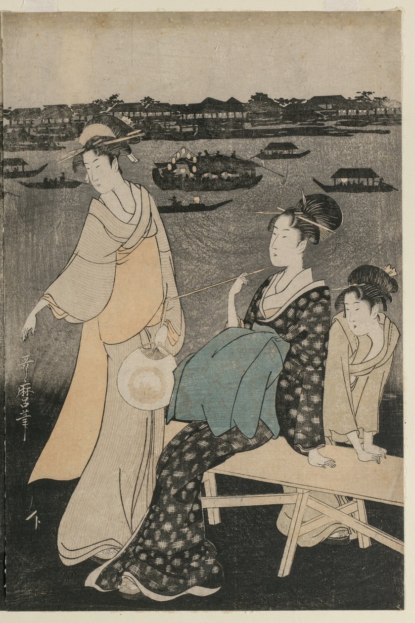 Kvinnor som njuter av den svala kvällen nära Ryogoku-bron av Kitagawa Utamaro