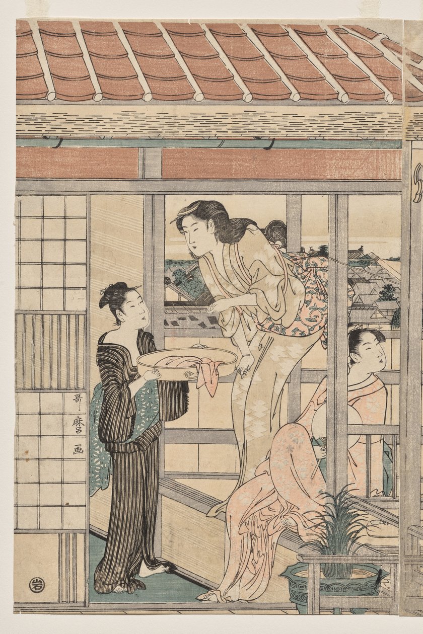 Kvinnor hänger tvätt för att torka på en balkong av Kitagawa Utamaro