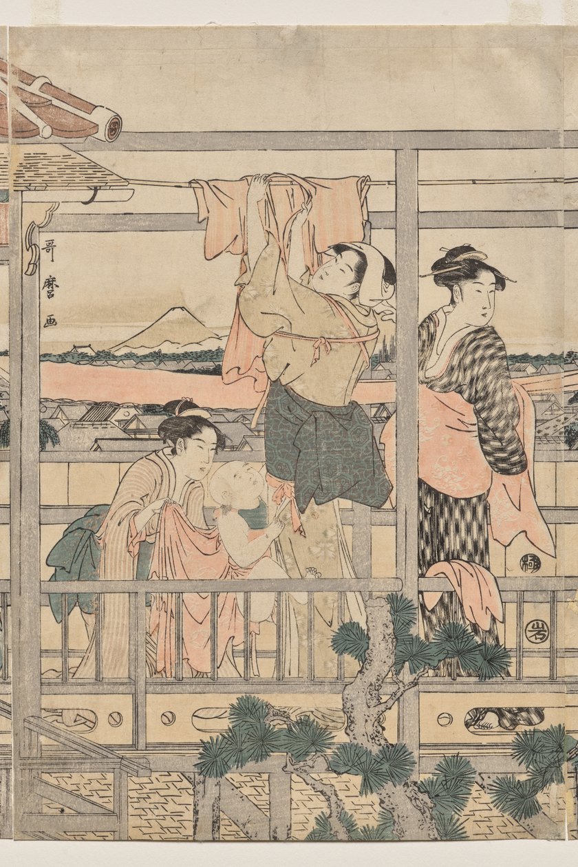 Kvinnor hänger tvätt för att torka på en balkong av Kitagawa Utamaro
