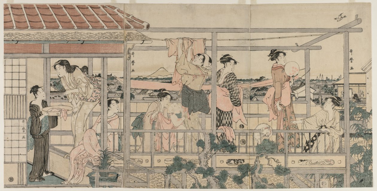 Kvinnor som hänger tvätt för att torka på en balkong, tidigt 1790-tal. av Kitagawa Utamaro