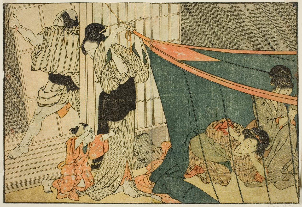 Kvinnor inuti ett myggnät under ett åskväder, från den illustrerade boken "Picture Book: Flowers of the Four Seasons (Ehon shiki no hana)," vol. 1 av Kitagawa Utamaro