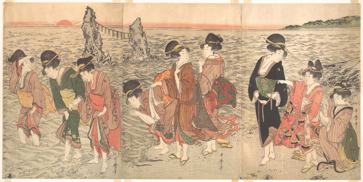 Kvinnor som dyrkar den uppgående solen mellan tvillingklipporna vid Ise av Kitagawa Utamaro