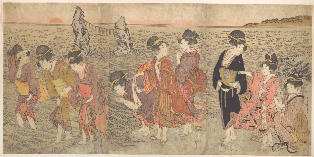 Kvinnor som dyrkar den uppgående solen mellan tvillingklipporna vid Ise av Kitagawa Utamaro