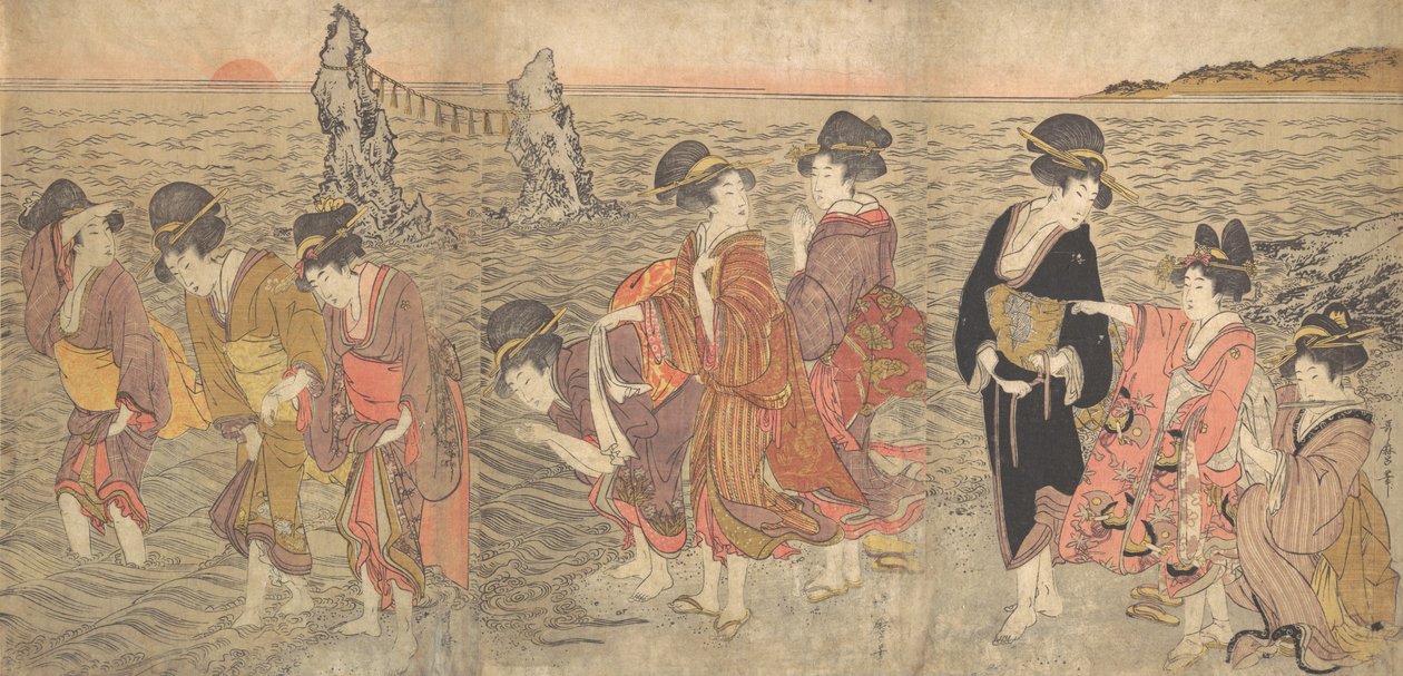Kvinnor som dyrkar den uppgående solen mellan tvillingklipporna vid Ise, sent 1700-tidigt 1800-tal. av Kitagawa Utamaro
