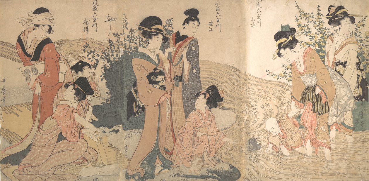 Kvinnor och barn på stranden av en bäck, sent 1700-tidigt 1800-tal. av Kitagawa Utamaro