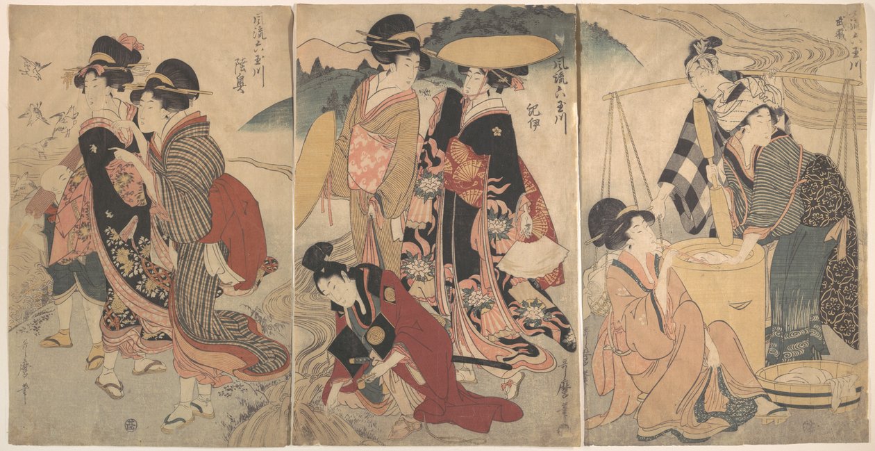 Kvinnor och en man på landet; något slags festtåg(?) av Kitagawa Utamaro