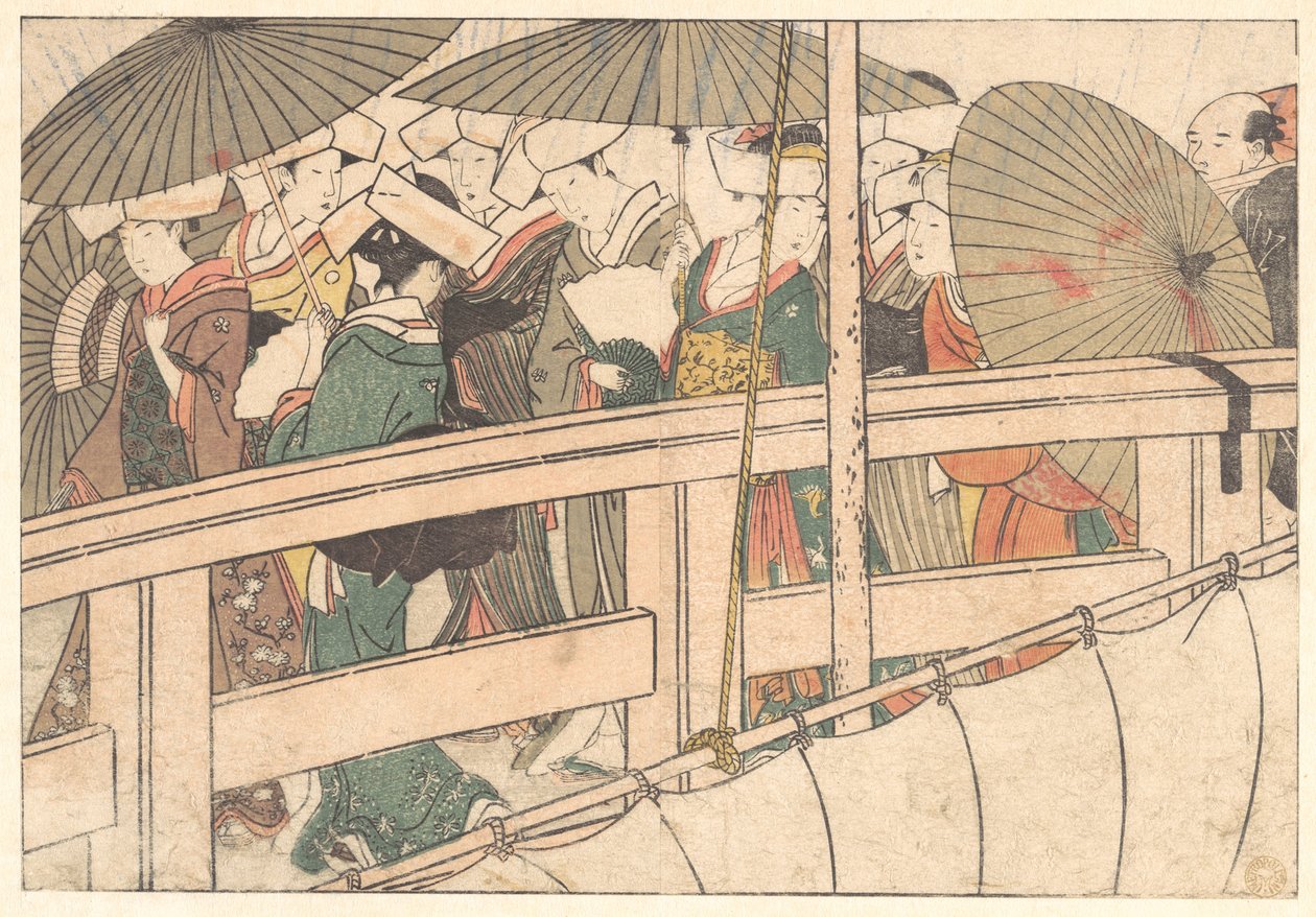 Kvinnor på en bro, ur den illustrerade boken De fyra årstidernas blommor av Kitagawa Utamaro