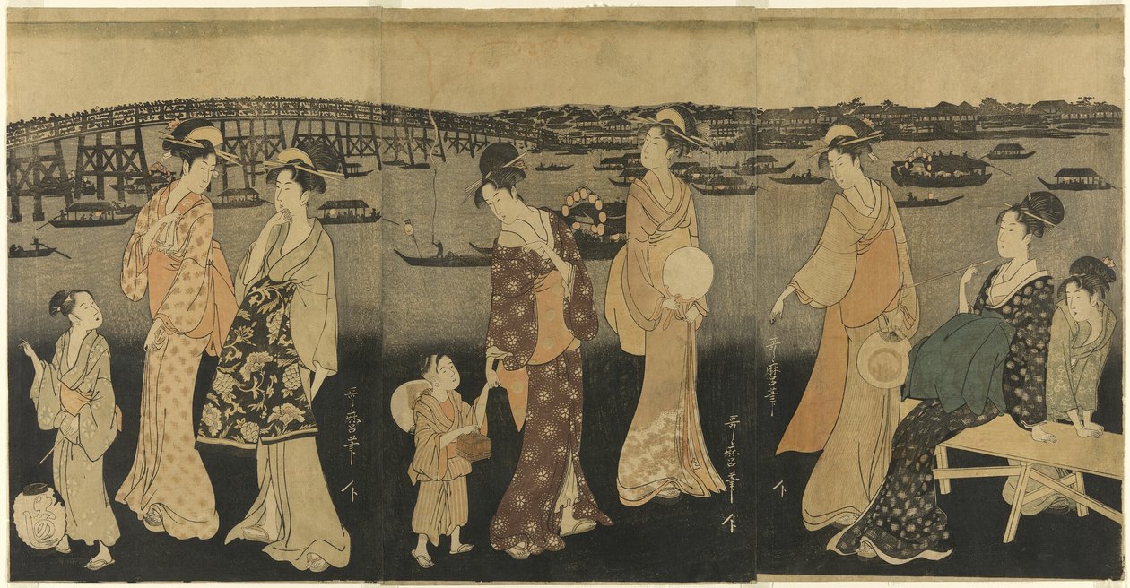Kvinnor tittar på fyrverkerier vid Sumida River av Kitagawa Utamaro
