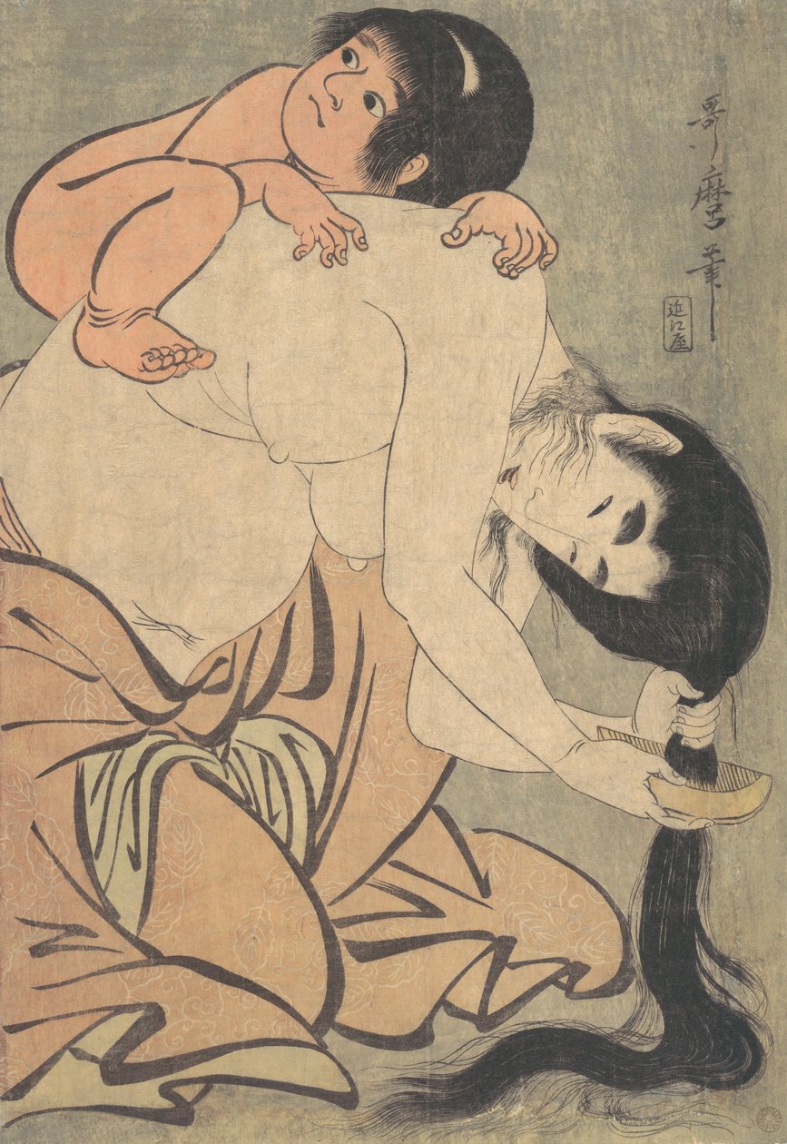 Yamauba kammar sitt hår och Kintoki, ca. 1801. av Kitagawa Utamaro