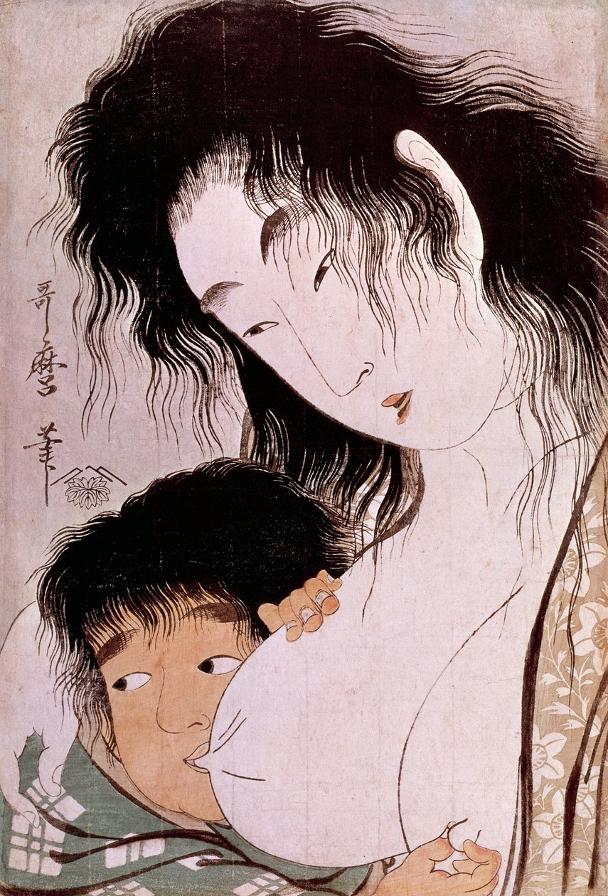 Yamauba och Kintaro: Det gamla japanska trycket av Utamaro Kitagawa (1753-1806). Sol. 0,37x0,25 m. 1801-1803. Paris, Guimet-museet, Nationalmuseet för asiatisk konst av Kitagawa Utamaro