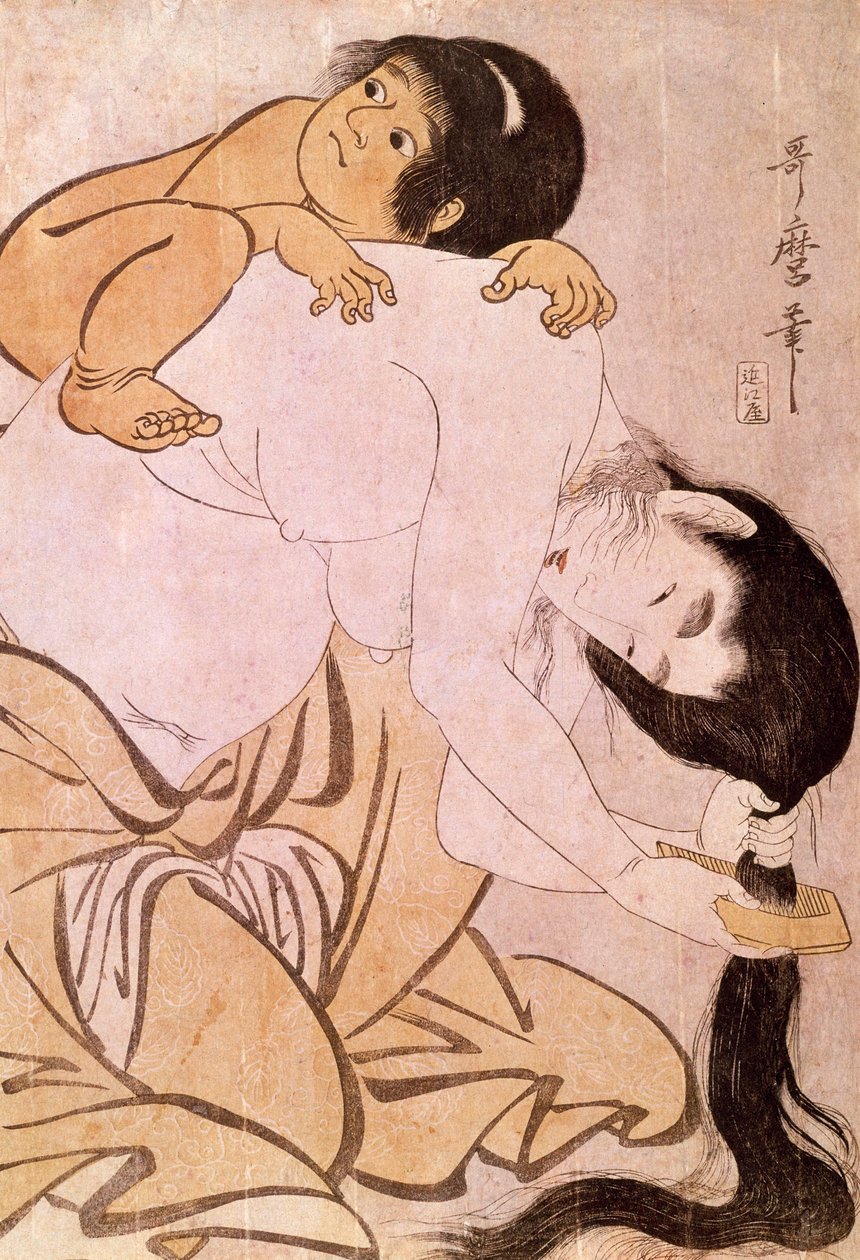 Yamauba och Kintoki Mamman kammar håret medan hon bär sitt barn på ryggen. Japanskt tryck av Utamaro Kitagawa (1753-1806). 1700-talet. Paris, Guimet Museum, Asian Arts Museum av Kitagawa Utamaro
