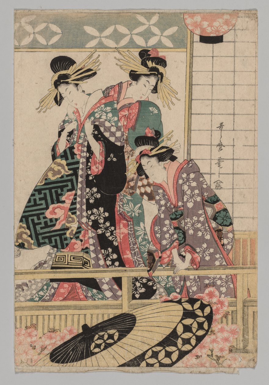 Yoshiwara kvinnor tittar in på gatan på våren av Kitagawa Utamaro