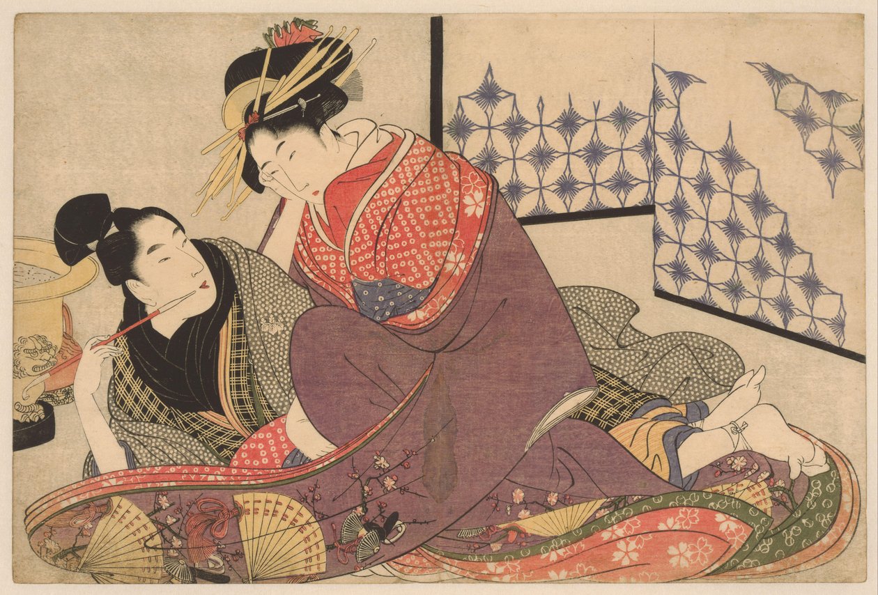 Ung man som röker med en kurtisan Jonge man träffade courtisane Negai no itoguchi (serietitel) av Kitagawa Utamaro