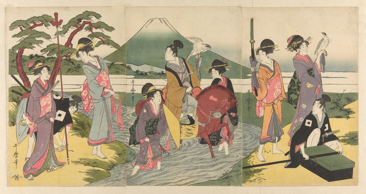 Ung man och hans sällskap korsar en bäck före Fuji-berget av Kitagawa Utamaro