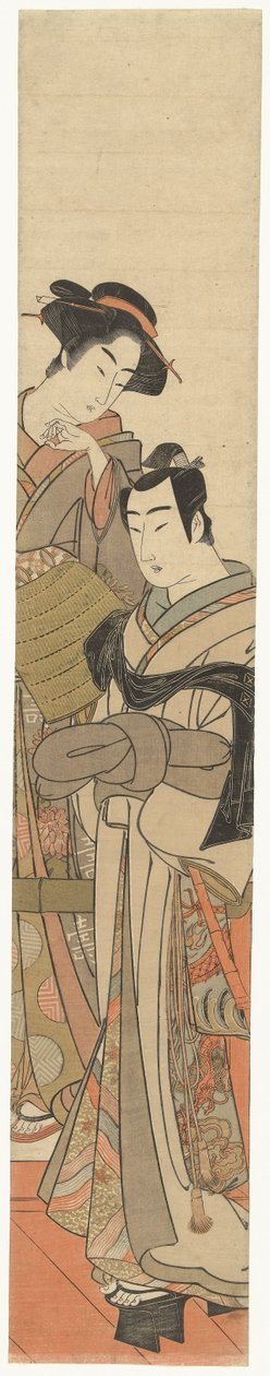 En kvinna med en förklädd ung man Jonge man met rieten hoed en dame av Kitao Masanobu (attributed to)