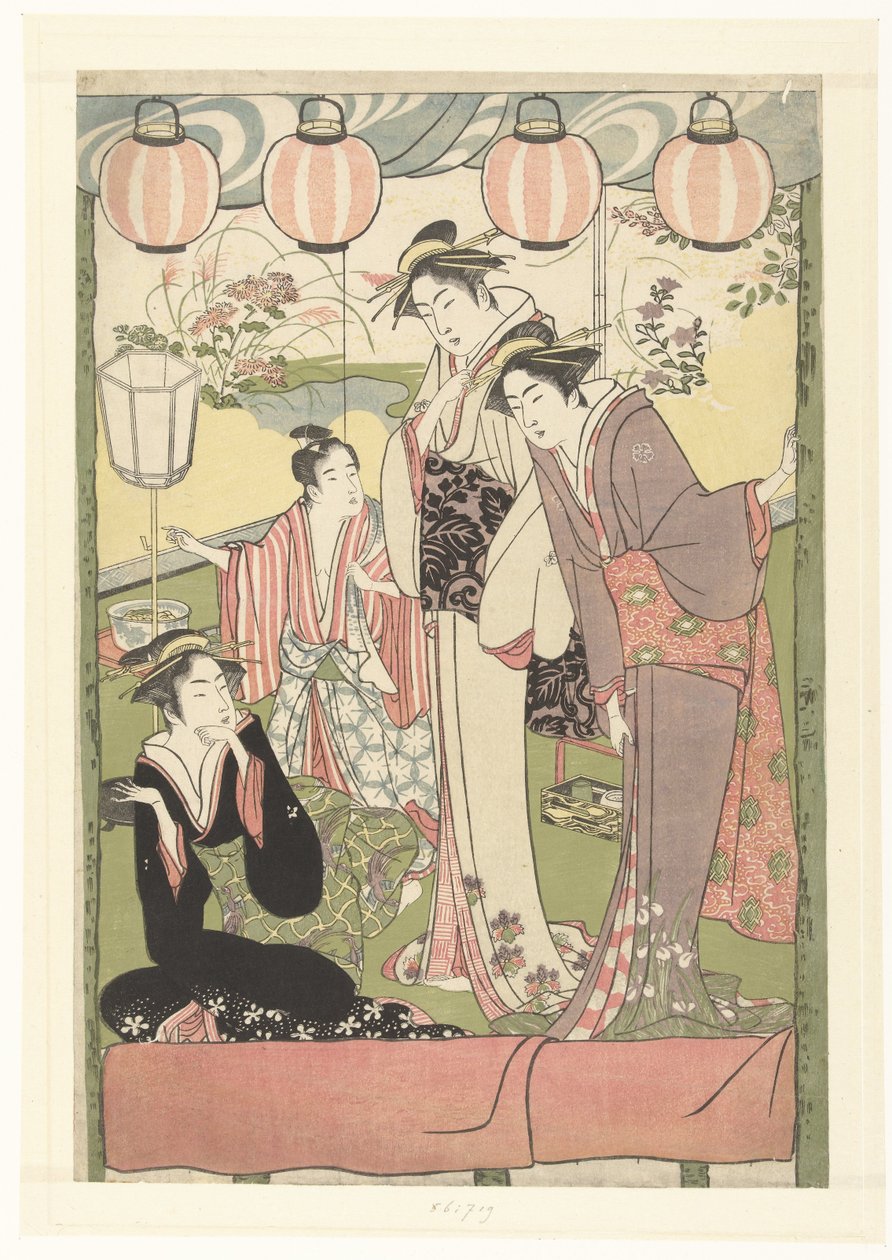 Tre kvinnor och en pojke under lyktor av Kitao Masanobu (attributed to)