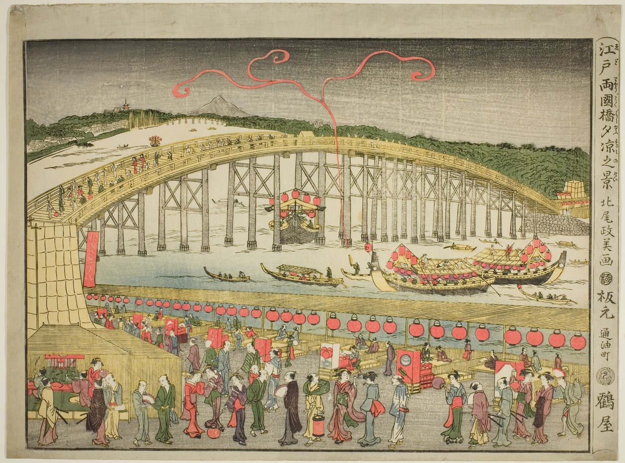 Njuter av kvällssvalkan vid Ryōgoku-bron i Edo av Kitao Masayoshi