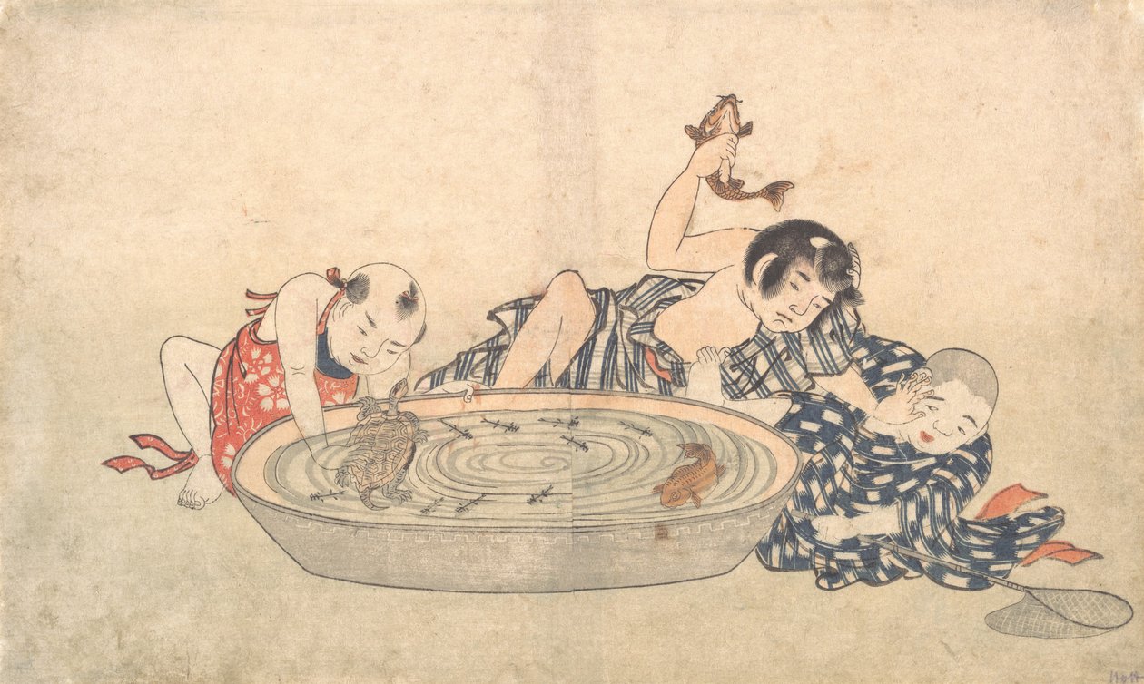 Pojkar som leker med en bassäng av fiskar och sköldpaddor, tidigt 1800-tal. av Kitao Shigemasa