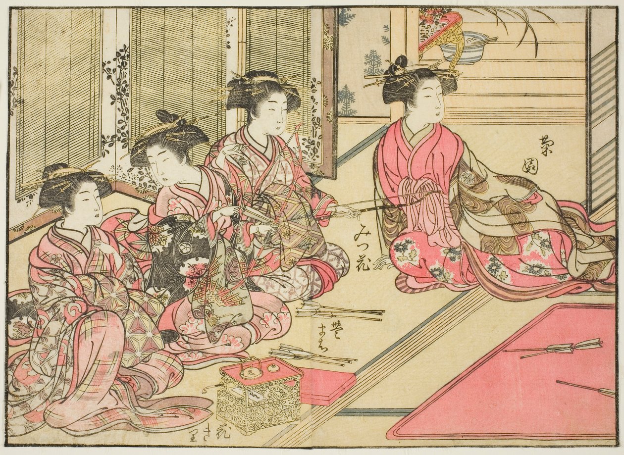 Kurtisaner från Kiriya, från boken "Mirror of Beautiful Women of the Pleasure Quarters (Seiro bijin awase sugata kagami)," vol. 2 av Kitao Shigemasa