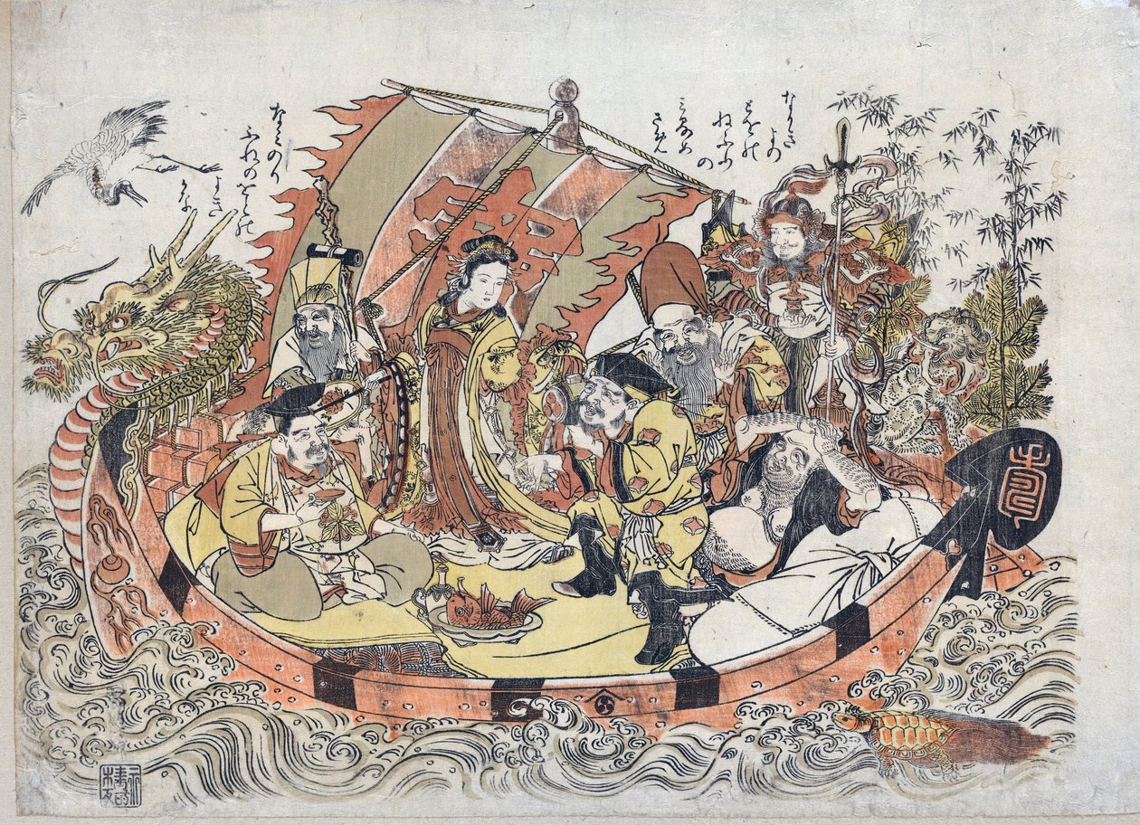 Sept Divinites du Bonheur - Seven Lucky Gods par Kitao, Shigemasa (1739-1820), Mellan 1775 och 1780 - Färg linosnitt, 32,6x46,1 - Privat samling av Kitao Shigemasa