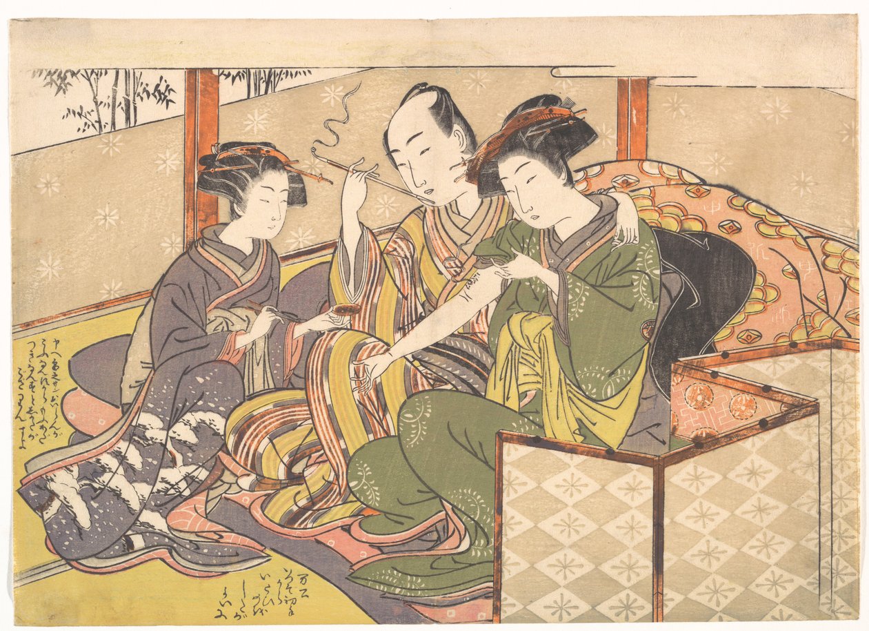 Tjänstekvinna som applicerar medicin på en geishas arm av Kitao Shigemasa