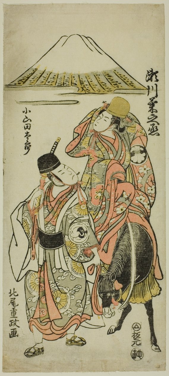 Skådespelarna Segawa Kikunojo II som Itsuki och Bando Hikosaburo II som Oyamada Taro i pjäsen "Taiheiki Shizunome Furisode", uppfördes på Nakamura Theatre i elfte månaden, 1767 av Kitao Shigemasa