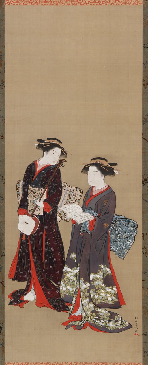 Två flickor stående, en med en öppen bok, 1615-1868. av Kitao Shigemasa
