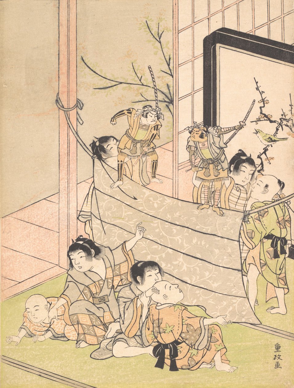 Unga pojkar framför en dockteater, ca. 1770. av Kitao Shigemasa
