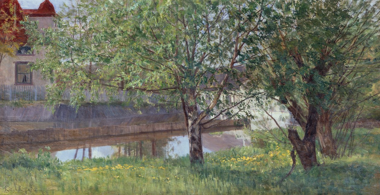Kanalsektion med hus och träd av Kitty Lange Kielland