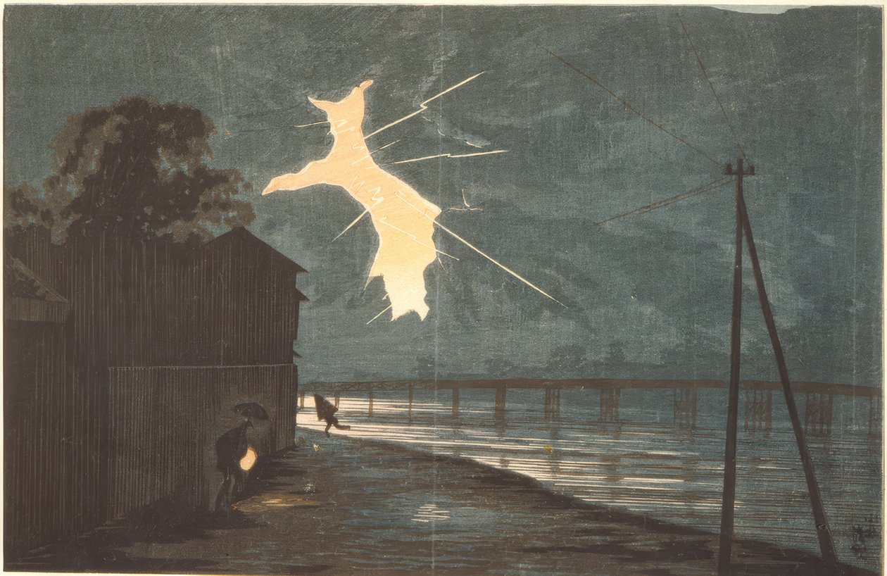 Åska och blixtar över Onmaya-bron av Kiyochika Kobayashi