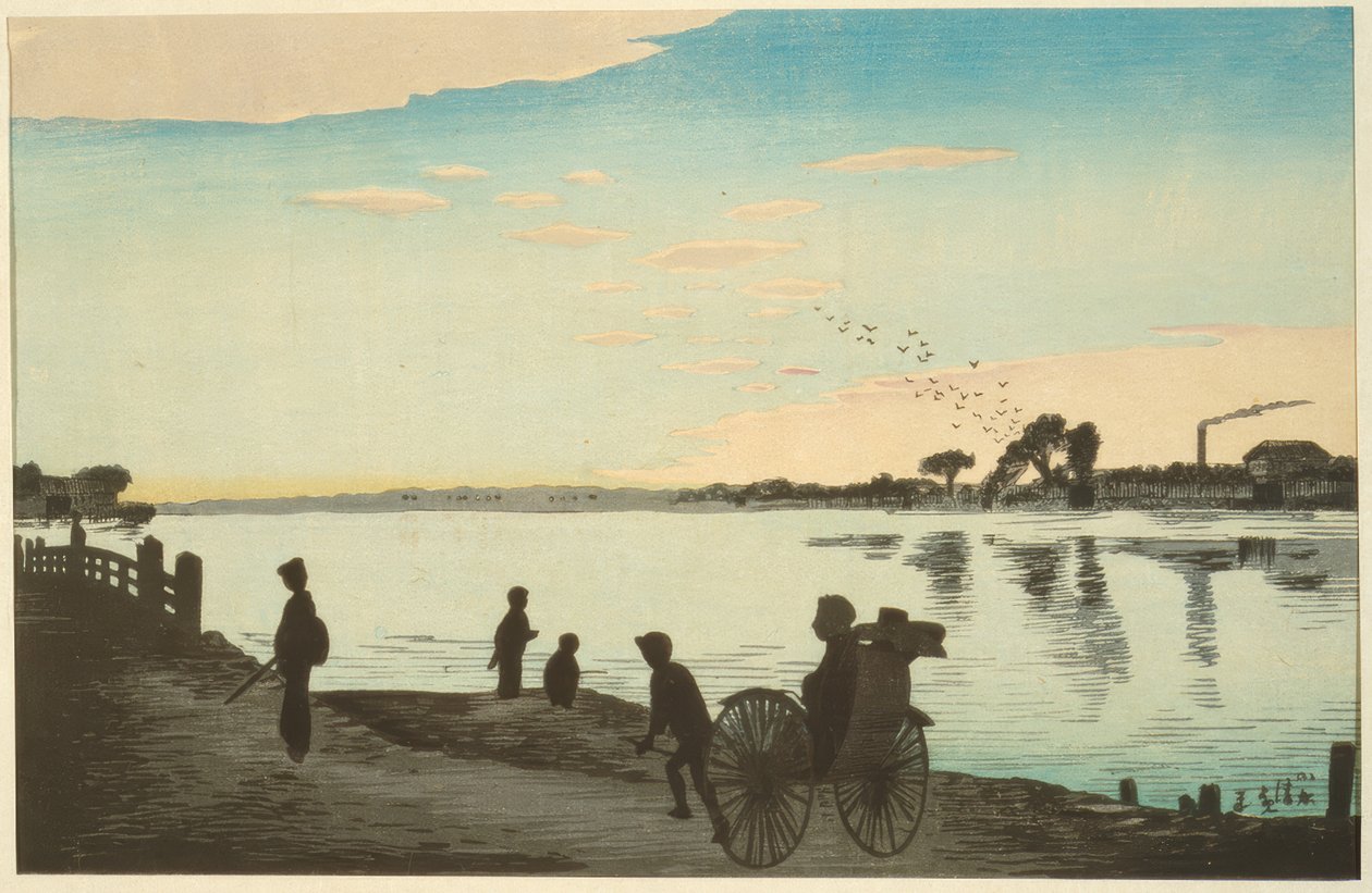 Ishihara-bron sett från stranden av Sumidafloden av Kiyochika Kobayashi