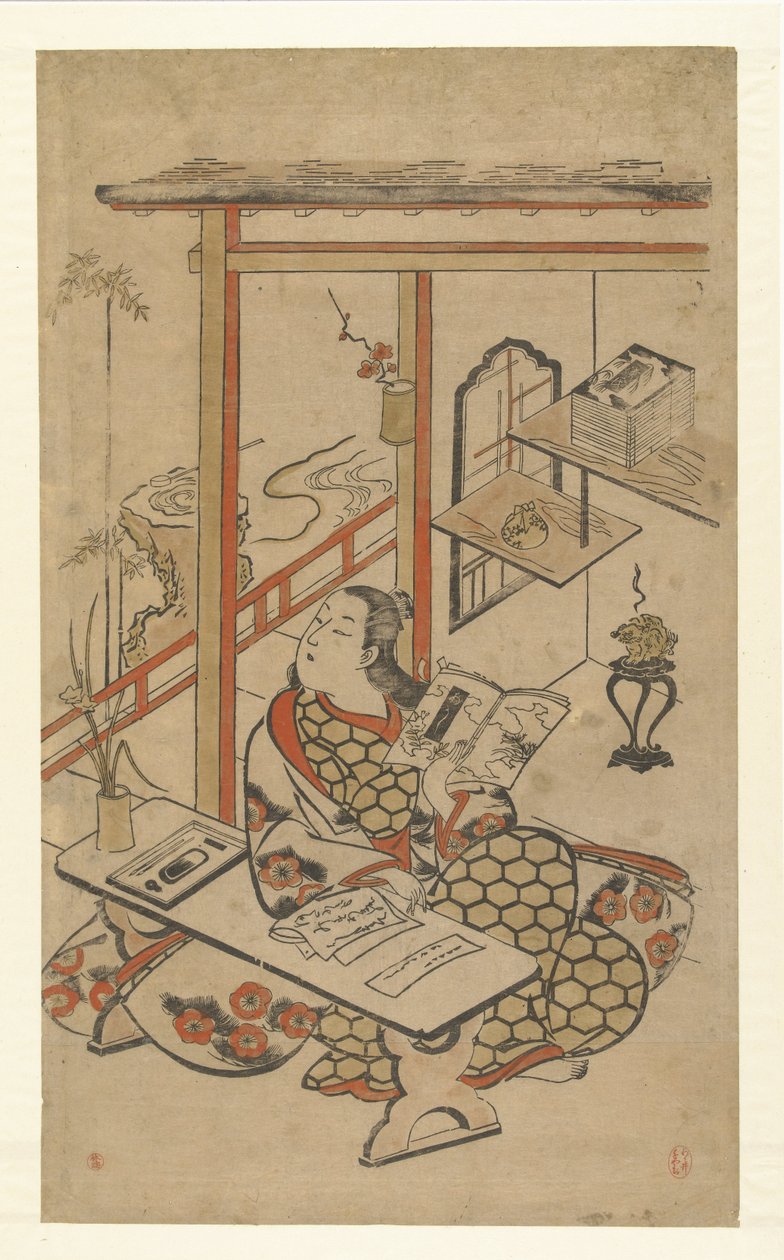Kvinna vid bordet och läser Genjis berättelse. av Kiyomasu (I) , Torii (attributed to)