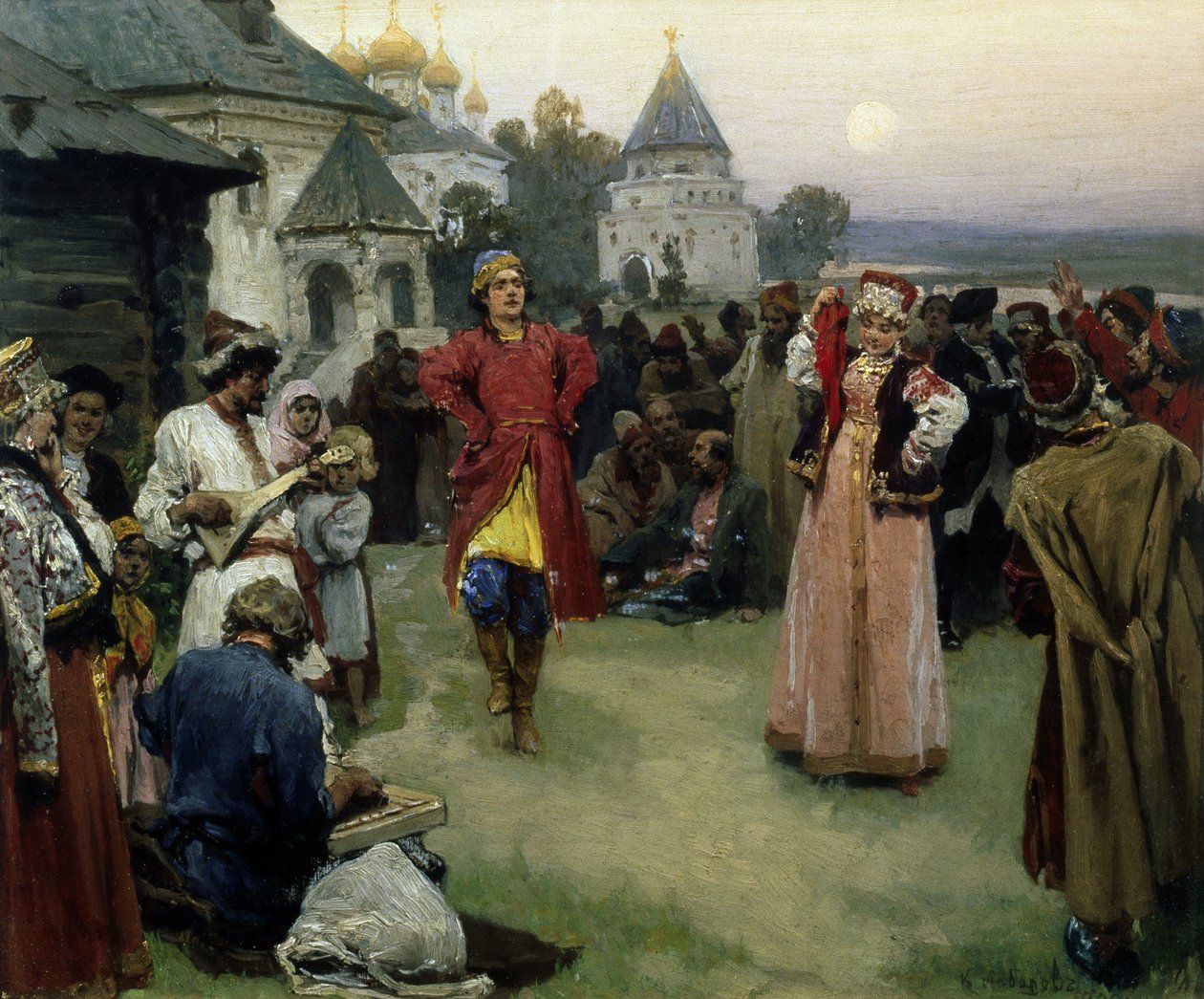 Dans (ett par nygifta i traditionell kostym dans bland folkmassan av bybor vid mörkrets inbrott) (Dans) - Målning av Klavdi Vasilyevich Lebedev (1852-1916), olja på kartong (26x31 cm) av Klavdiy Vasilievich Lebedev