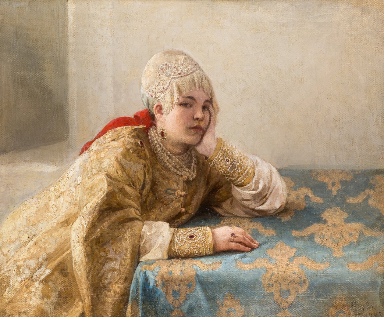 Fille de boyard (boiar) - Boyars dotter, av Lebedev, Klavdi (Klavdy) (1852-1916). Olja på duk av Klavdiy Vasilievich Lebedev