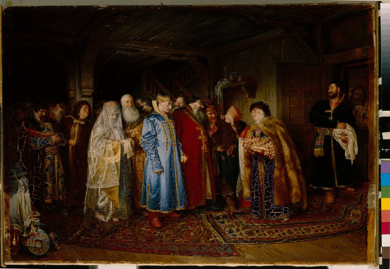 Boyarbröllop (boyar, boyar) på 1500-talet, bruden bär en kokochnik (Bojarens bröllop) - Olja på duk av Klavdi Vasilyevich Lebedev (1852-1916) av Klavdiy Vasilievich Lebedev