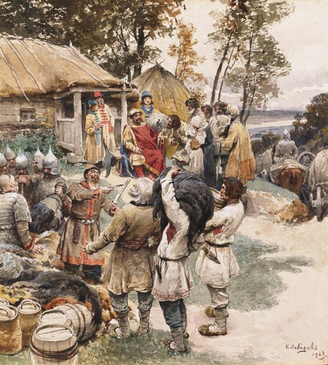 Poliudie Samlar hyllning. Igor av Kiev hyllar Drevlyanerna, 1903 av Klavdiy Vasilievich Lebedev