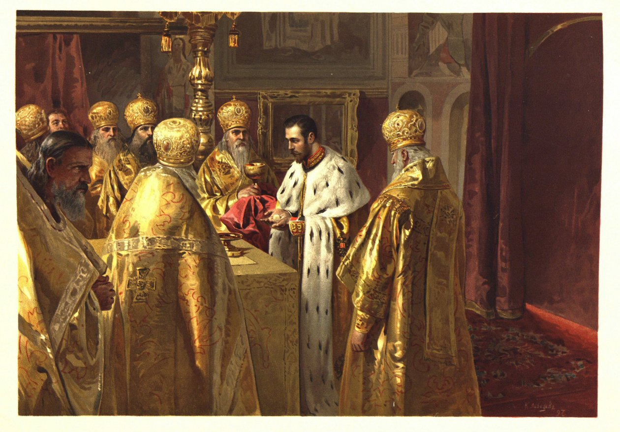 Nicholas II:s kröningsceremoni. Eucharist par Lebedev, Klavdi Vasilyevich (1852-1916) av Klavdiy Vasilievich Lebedev